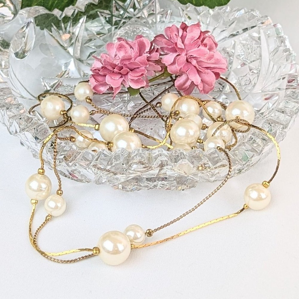 Pair of Vtg Gold Chain Pearl Ball Chain Station Necklaces Herringbone Minimalist